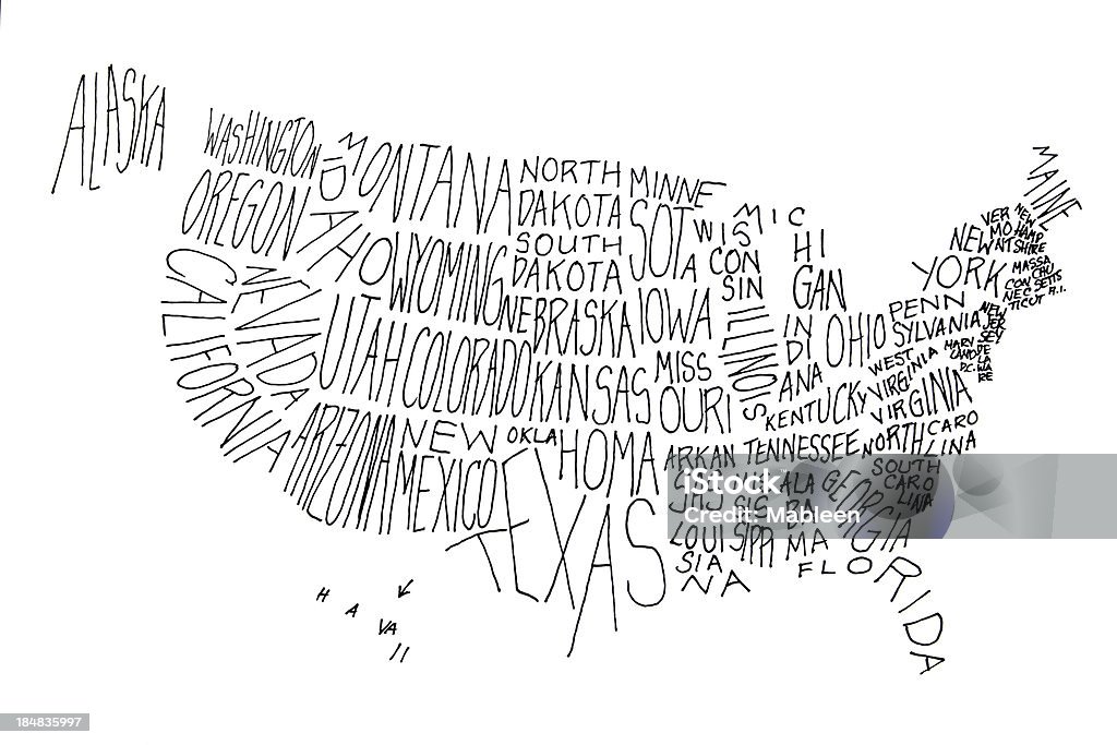 The U.S.A. Handwritten US states in a map form Map Stock Photo