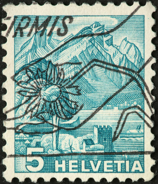 istock Swiss lake, castle, and mountains on a postage stamp 184836206