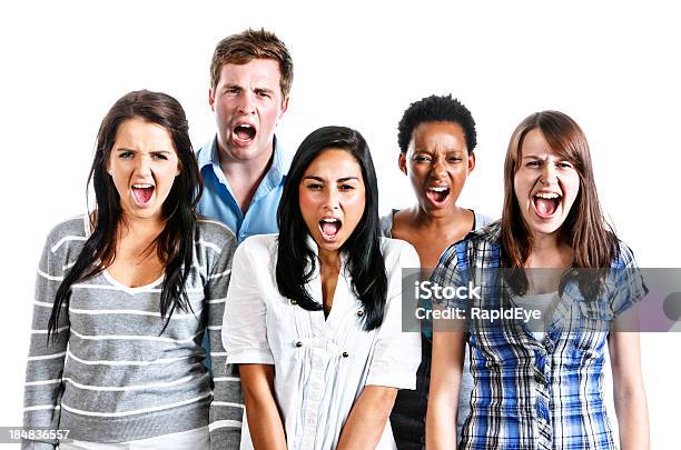 Five Young People Shouting At Camera Stock Photo - Download Image Now - Activity, Adult, Adults Only