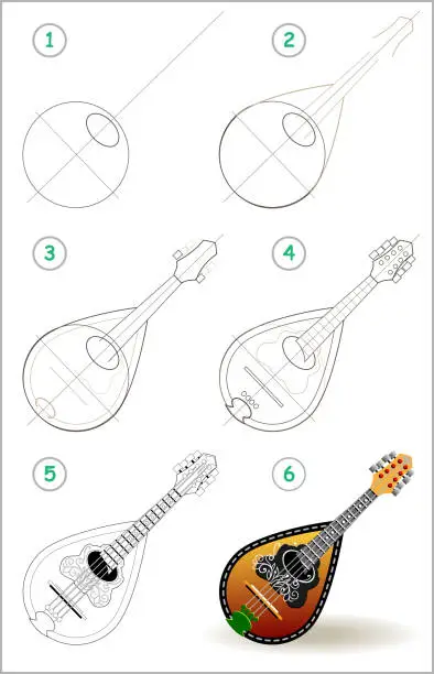 Vector illustration of Page shows how to learn step by step to draw stringed musical instrument mandolin. Developing children skills for drawing and coloring. Back to school. Printable worksheet. Vector cartoon image.