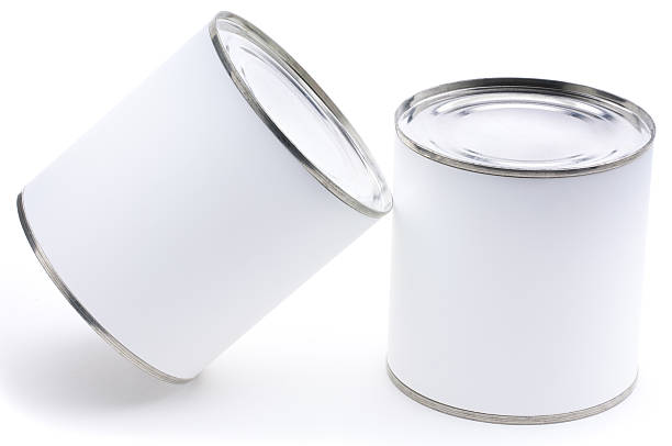 Two tin cans with blank labels isolated stock photo
