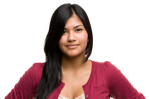 Portrait of a young woman on a white background. http://s3.amazonaws.com/drbimages/m/ja.jpg
