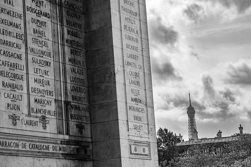 Interior wall inscriptions at the Arc de Triomphe on The Place Charles de Gaulle in Paris, France.