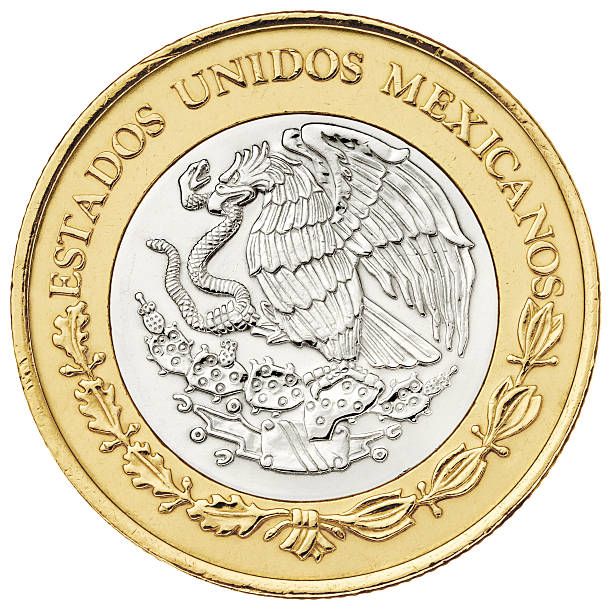 Reverse of ten pesos Mexican coin with clipping path The image of the mexican National Coat of Arms in the back side of a 10 pesos coin mexican currency stock pictures, royalty-free photos & images