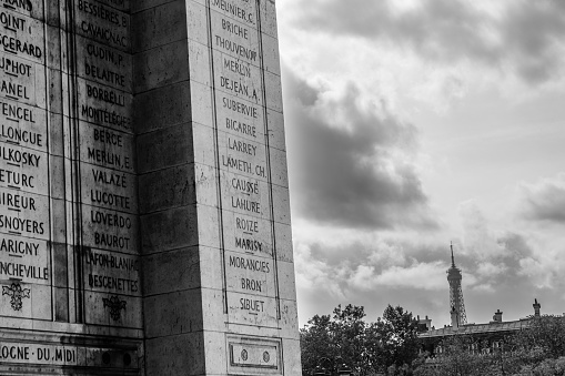 Interior wall inscriptions at the Arc de Triomphe on The Place Charles de Gaulle in Paris, France.