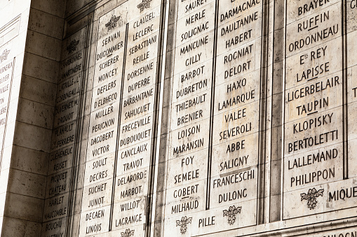 Rome, Italy. Latin inscriptions outside famous monument - Ara Pacis.
