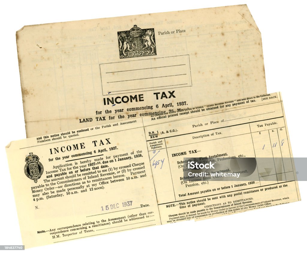 Zwei alte britische Einkommenssteuer Dokumente, 1937 - Lizenzfrei 1937 Stock-Foto