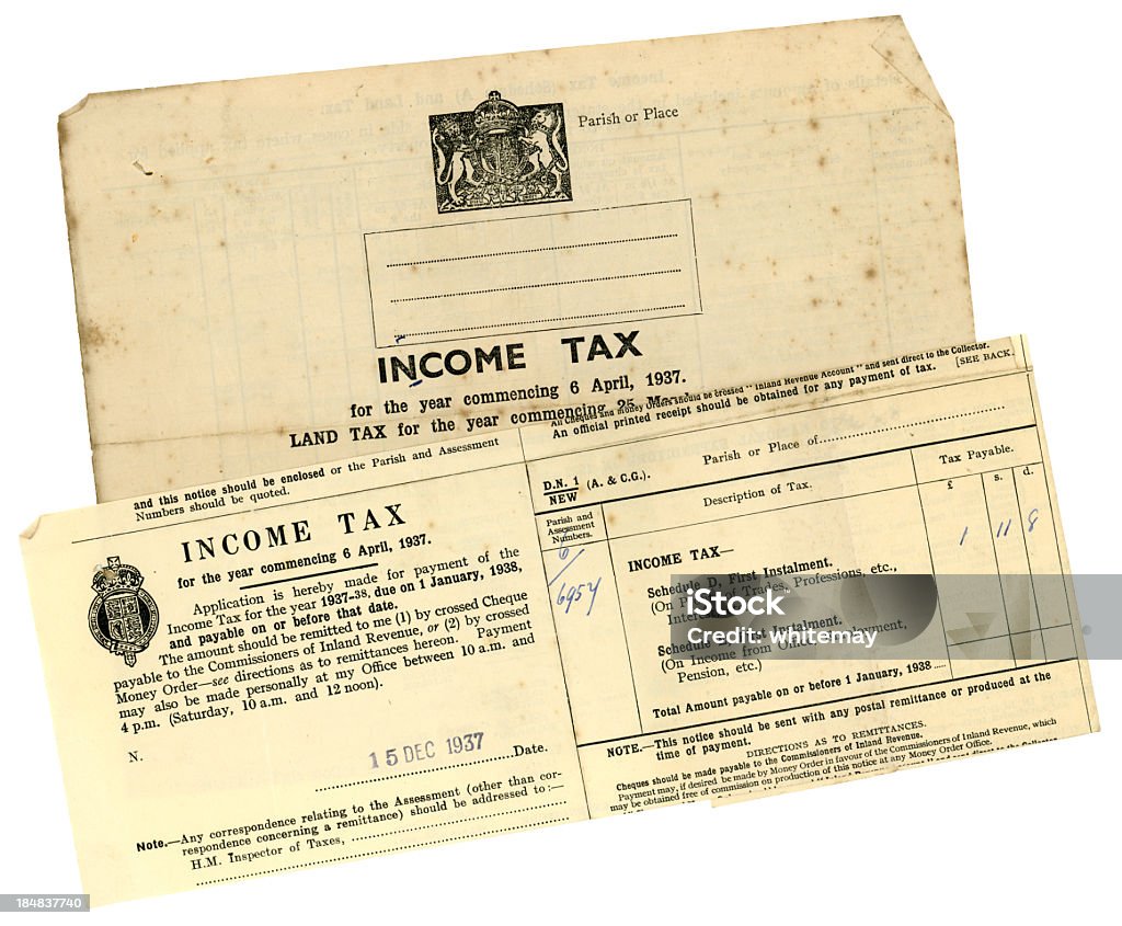 Due vecchi "Imposta sul reddito documenti, 1937 - Foto stock royalty-free di Anno 1937