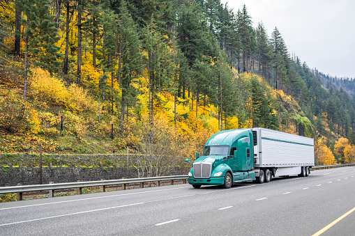 Classic carrier big rig gray semi truck with extended cab for truck driver rest transporting cargo in refrigerator semi trailer driving on highway road with autumn forest on hills in Columbia Gorge
