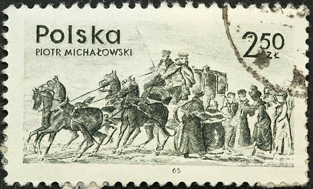istock four horse coach on old Polish postage stamp 184838754