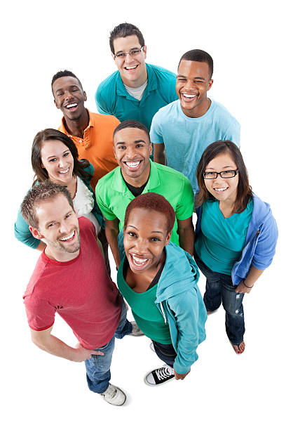 istock Laughing group of diverse young adults on white  background 184838888