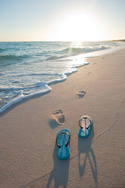 istock Flip Flop And Footprints On The Beach At Sunrise 184840022