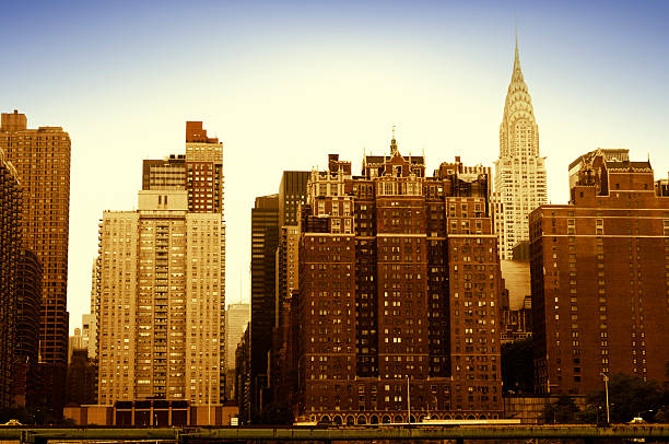 Low angle view of the Chrysler building in New York City, one of the best examples of Art Deco skyscrapers worldwide.