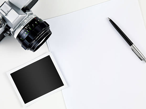 Writing Memories Directly above view of a journalists table table photos stock pictures, royalty-free photos & images