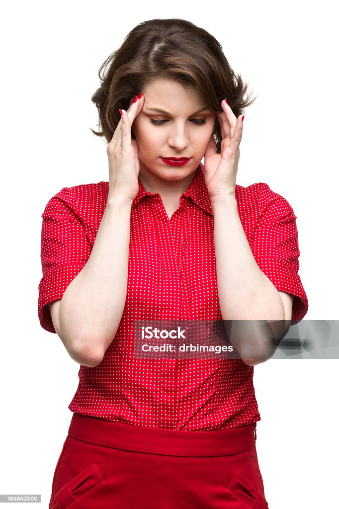 ストレスのたまった女性が立ち並ぶ寺院 - 頭痛のロイヤリティフリーストックフォト