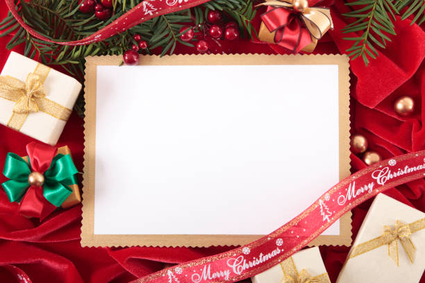 Blank Christmas card or invitation surrounded by ribbons and decorations. Space for copy. Alternative image in this collection: