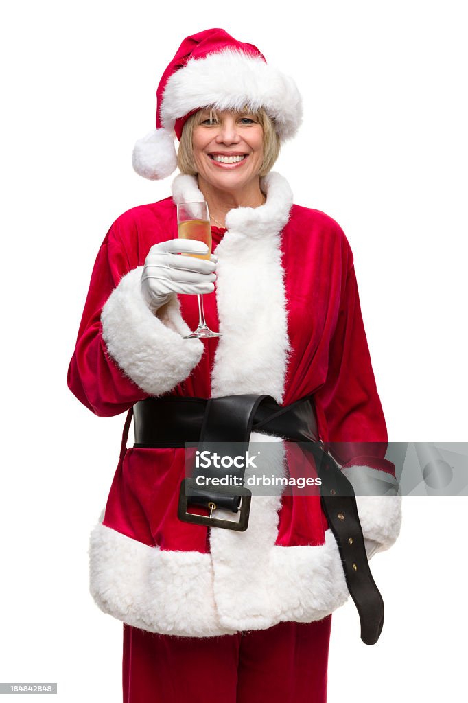 Santa Woman Toasts Champagne Glass Portrait of a mature woman on a white background. http://s3.amazonaws.com/drbimages/m/mp.jpg 50-59 Years Stock Photo