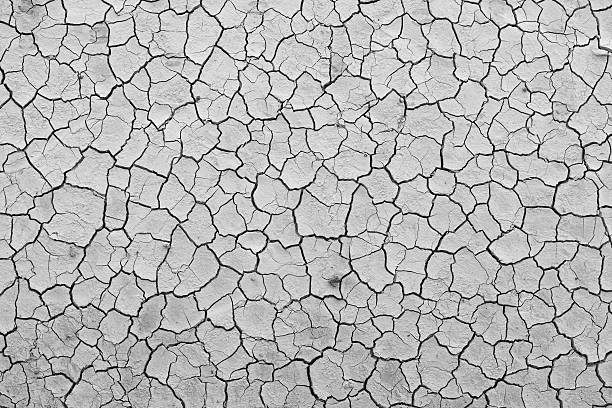 Black And White Full Frame Photo Of Cracked Earth Cracked soil lake bed stock pictures, royalty-free photos & images