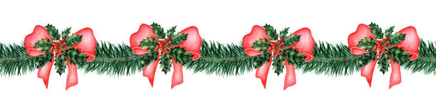 ilustrações de stock, clip art, desenhos animados e ícones de pattern horizontal fir branches bows and holly watercolor - christmas tree branch