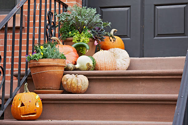 Hallowen carved pumpkins on stairs in Brooklyn stock photo