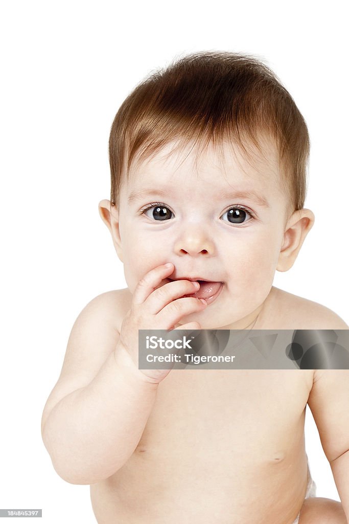 Baby girl on white background Cute baby girl portrait on white background 12-17 Months Stock Photo