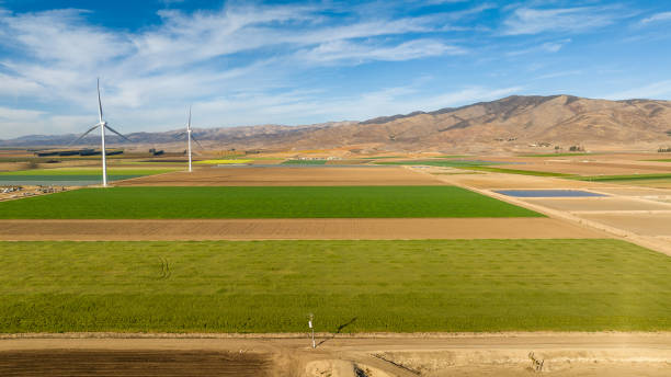 캘리포니아의 농업 농업 - solar panel wind turbine california technology 뉴스 사진 이미지