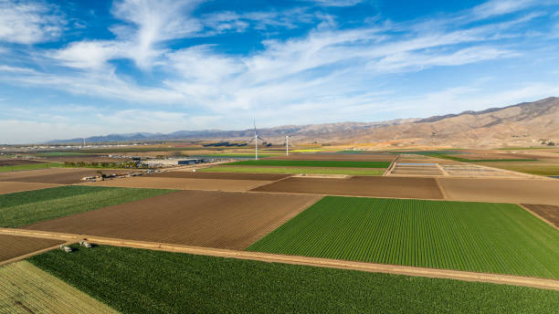 agricoltura eolica in california - solar panel wind turbine california technology foto e immagini stock