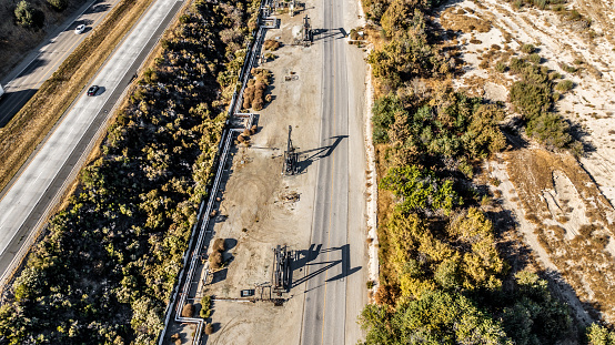 Looking directly down at oil pumping derricks in the San Ardo oil fields near Salinas, California.