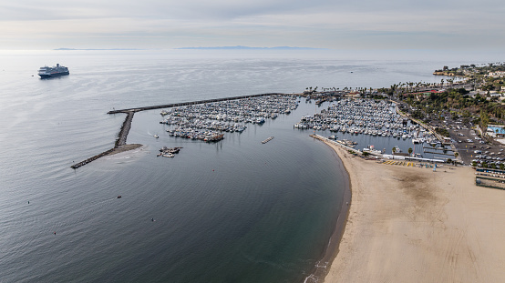 Aerial view of the Santa Barbara harbor and marina. Santa Barbara is the county seat and is a popular tourist and resort destination, nicknamed the American Riviera.
