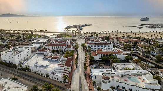 Aerial view, looking East down State Street towards the Santa Barbara beach and marina.