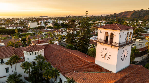 Majestic Santa Barbara County Courthouse Santa Barbara's historic county courthouse on Anacapa Street as the early morning sunrises over the Pacifica Ocean. santa barbara california stock pictures, royalty-free photos & images
