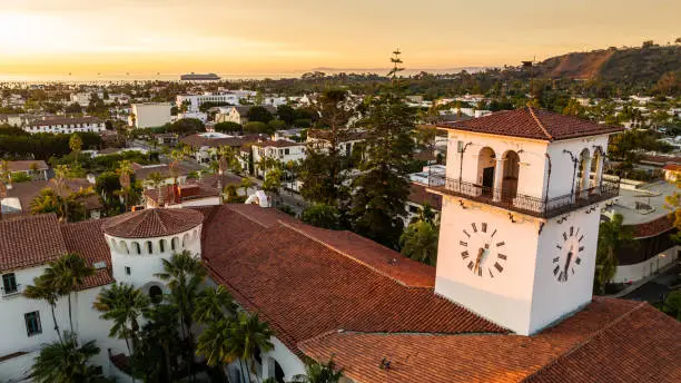 Santa Barbara's historic county courthouse on Anacapa Street as the early morning sunrises over the Pacifica Ocean.