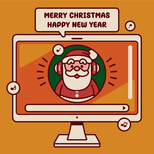 Vector illustration of Adorable AI Santa Claus wearing a headset and greeting on a computer monitor screen