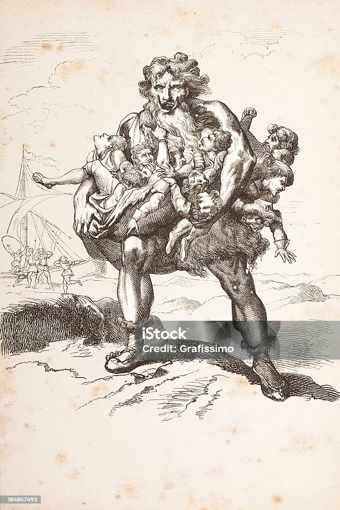 Grabado orc mama monster secuestro personas 1875 - Foto de stock de Abducción - Ufología libre de derechos