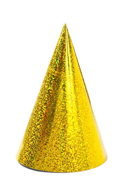 One, yellow party hat isolated on white background. Copy space, studio shot.