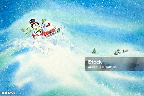 Снеговик Езда На Снегоходах — стоковая векторная графика и другие изображения на тему Рождество - Рождество, Акварельная живопись, Фоновые изображения