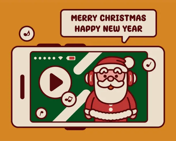 Vector illustration of Adorable AI Santa Claus wearing a headset and greeting on a smartphone screen