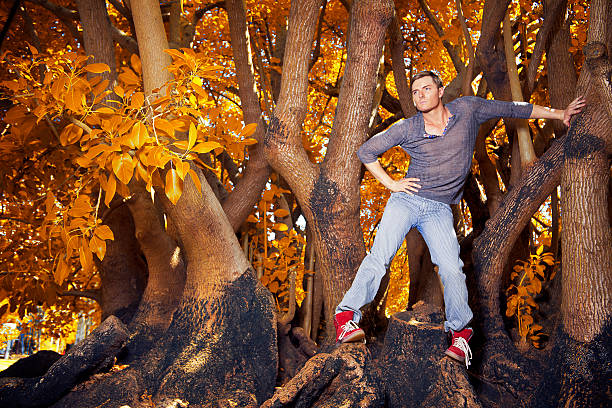 Attractive man in trendy fashion in overgrown forest.