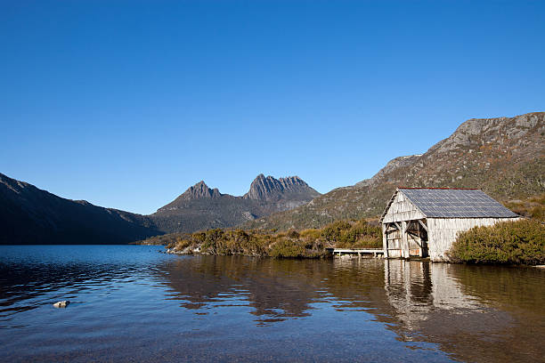 istock Cradle Mountain Dove Lake Boat Shed with clear blue sky 184851310