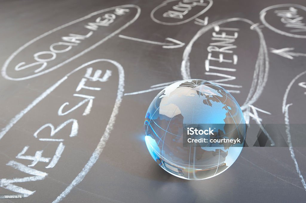 Internet strategy flowchart on a chalk board Internet strategy flowchart on a chalk board with world globe showing Americas Computer Network Stock Photo