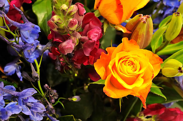 Yellow roses bouquet and gift boxes on blue background. Copy space for text. Birthday and holidays concept.