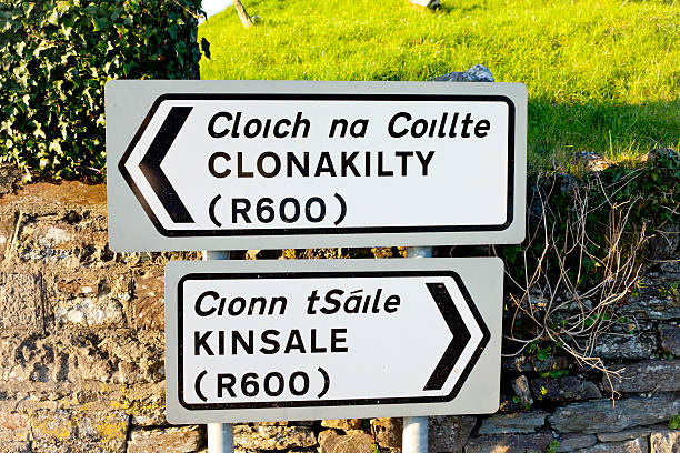 Directional signs in Ireland near a brick wall stock photo