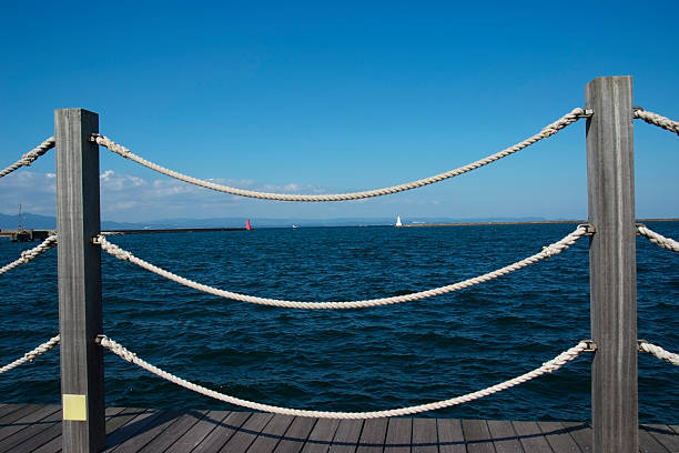 Wooden post fence with seascape.