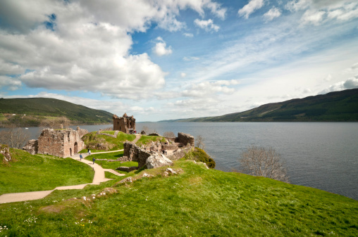 Wide angle view of Loch Ness and Urquhart Castle
