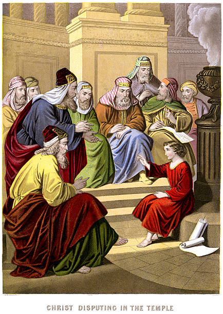 Jesus Christ disputing in the Temple Vintage colour lithograph from 1880 of Jesus Christ disputing with the elders in the temple new testament stock illustrations
