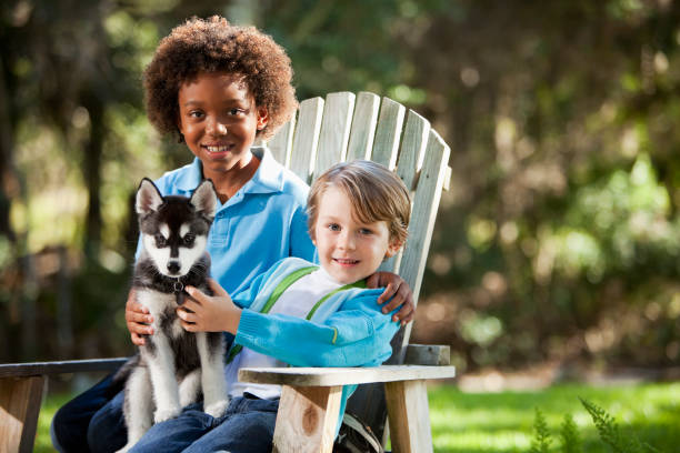 istock Little boys holding husky puppy 184853048