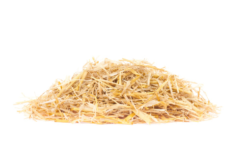 Pile of golden yellow straw isolated on white.