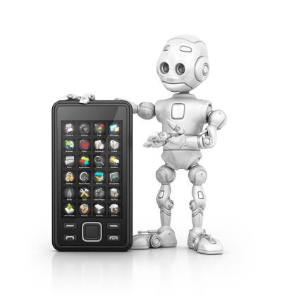 isolated robot and smart phone.3d render.