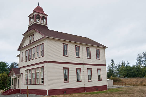 Historic Dungeness Schoolhouse The Dungeness School is a historical school house built by the early settlers in the area. In 1892 a meeting was held to create a bond and plan the two-story school house. The school was opened in February of 1893. The school had 73 students when it opened and only one teacher who lived on the second floor. After the consolidation of the Sequim and Dungeness School Districts in 1955 the school was closed. In 1971, the school was designated a Washington State Historical Site and on May 19, 1988 the building was listed on the National Register of Historic Places. The Dungeness School is located in Dungeness, Washington State, USA. jeff goulden government building stock pictures, royalty-free photos & images