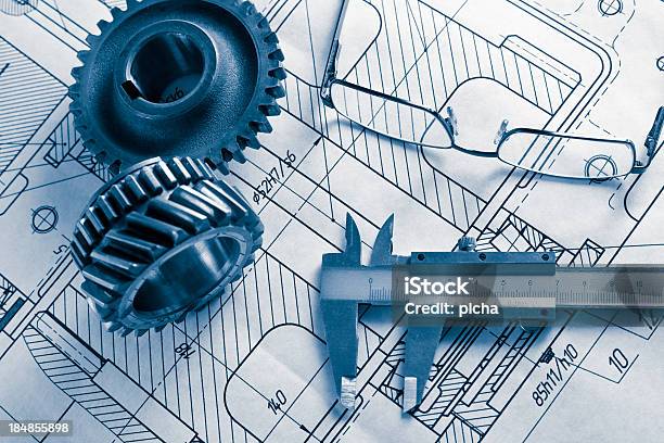 Desenho Mecânico E Gearwheel - Fotografias de stock e mais imagens de Dente de Engrenagem - Dente de Engrenagem, Cópia Heliográfica, Esboço